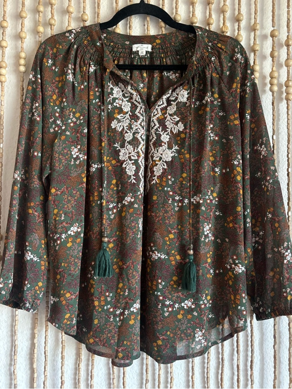 Mason Belle Olive Boho Indie Floral Embroidered Peasant Blouse Flowy Tassel Top